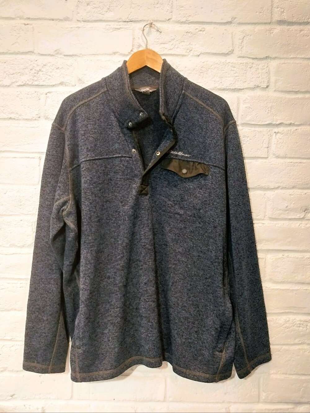 Eddie Bauer Sweater Pullover Men 2XL Blue Convector Fleece Snap Mock Neck Outdoo